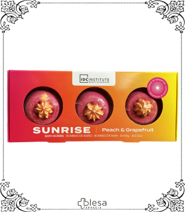 Bombas de baño IDC Institute Cocktail 3x100gr Sunrise Peach & Grapefruit, un amanecer refrescante en tu bañera.