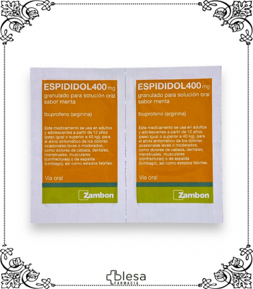 Espididol sabor menta de Zambon: 400 mg, analgesia y antiinflamación en 20 sobres.