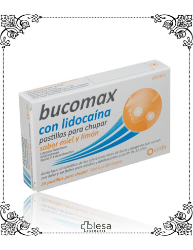 BUCOMAX. CON LIDOCAINA PASTILLAS PARA CHUPAR SABOR MIEL Y LIMON 24 PASTILLAS (1). FARMACIA BLESA