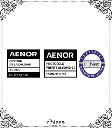 Certificado de Calidad de Farmacia BLESA en NORMA UNE-EN ISO 9001:2015. Protocolo COVID-19 por AENOR